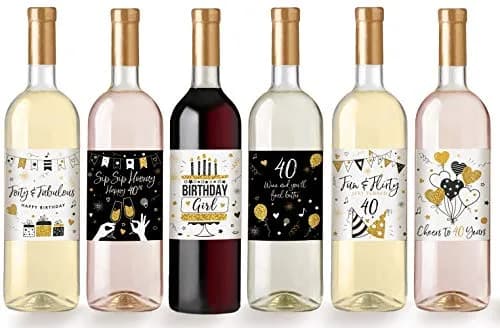 Printed Party 40th Birthday Wine Bottle Labels Black and Gold Set of 6 | Waterproof Vinyl Party Decor thumbnail 2