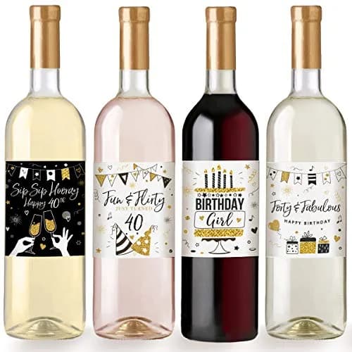 Printed Party 40th Birthday Wine Bottle Labels Black and Gold Set of 6 | Waterproof Vinyl Party Decor thumbnail 3