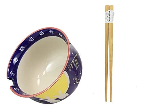 Ebros Gift Whimsical 2 Bunny Rabbits Jumping Over A Full Yellow Moon Soup Bowl 6.25" Diameter | Whimsical Asian Dining Decor thumbnail 6