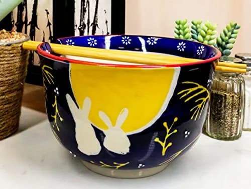 Ebros Gift Whimsical 2 Bunny Rabbits Jumping Over A Full Yellow Moon Soup Bowl 6.25" Diameter | Whimsical Asian Dining Decor thumbnail 2