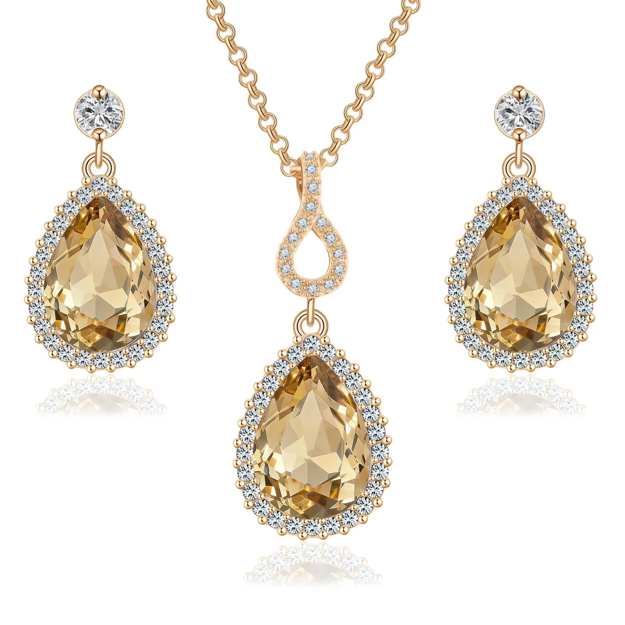EVEVIC Austrian Crystal Teardrop Necklace and Earrings Set for Women | Elegant Gold Finish, Sparkling Brilliance, Perfect for Weddings & Gifts