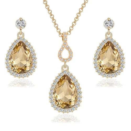 EVEVIC Austrian Crystal Teardrop Necklace and Earrings Set for Women | Elegant Gold Finish, Sparkling Brilliance, Perfect for Weddings & Gifts thumbnail 1