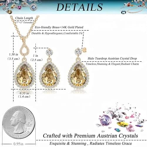 EVEVIC Austrian Crystal Teardrop Necklace and Earrings Set for Women | Elegant Gold Finish, Sparkling Brilliance, Perfect for Weddings & Gifts thumbnail 4
