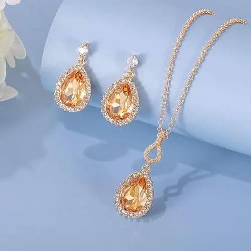 EVEVIC Austrian Crystal Teardrop Necklace and Earrings Set for Women | Elegant Gold Finish, Sparkling Brilliance, Perfect for Weddings & Gifts thumbnail 5