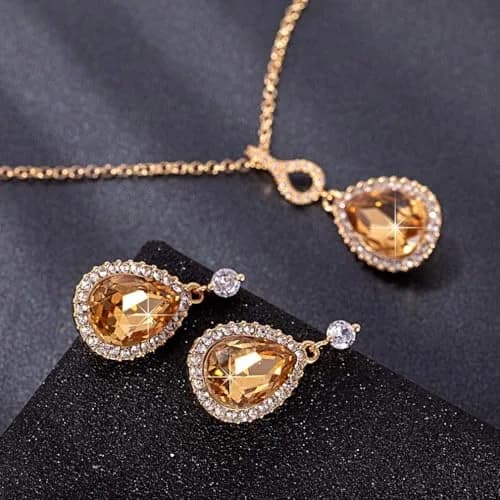 EVEVIC Austrian Crystal Teardrop Necklace and Earrings Set for Women | Elegant Gold Finish, Sparkling Brilliance, Perfect for Weddings & Gifts thumbnail 3