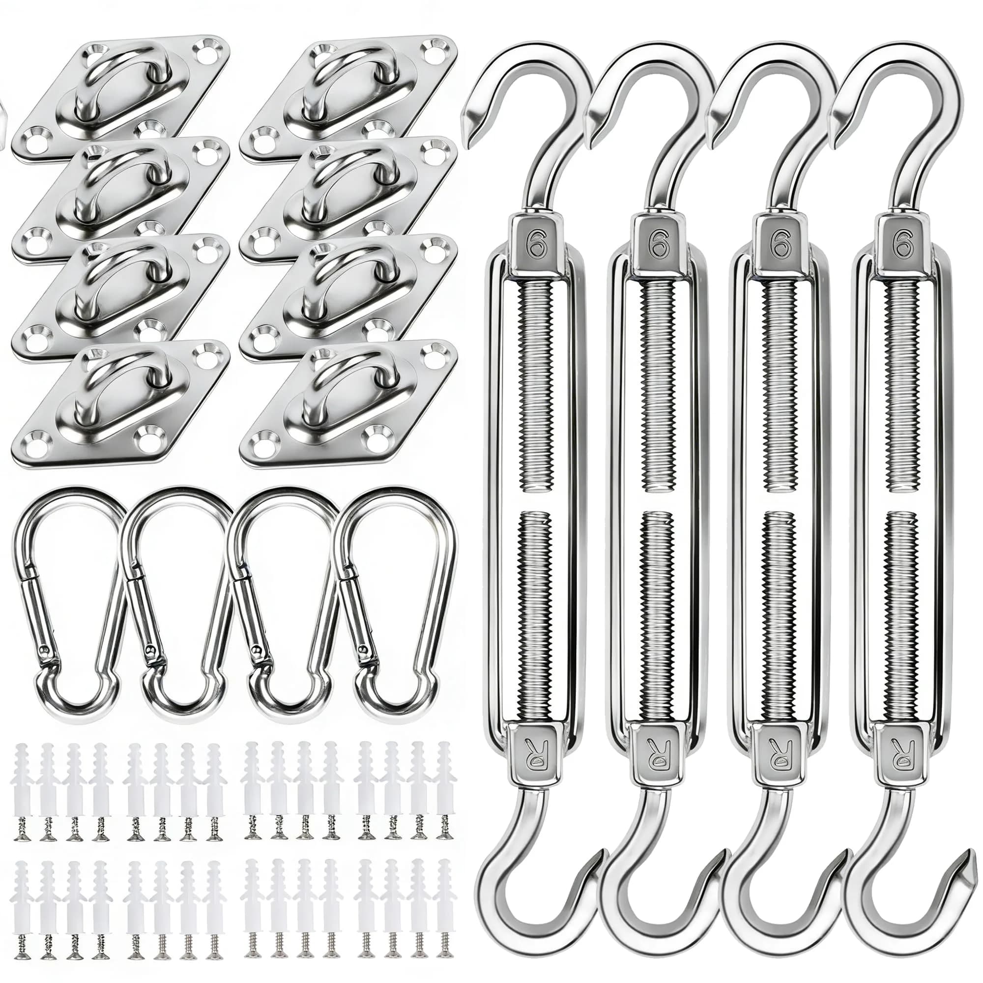 YOFIT 80-Piece Shade Sail Hardware Kit 6-8.4 inch Adjustable Turnbuckles (1.5 lb / 0.7 kg) | Heavy-Duty 304 Stainless Steel for Triangle & Rectangle Sails - main product image