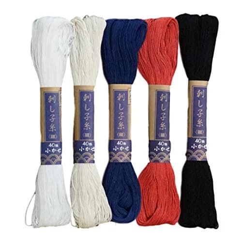 Daruma Yokota Daruma Sashiko Thread 5 Skein Essential Color Set (Thin Sashiko Thread - Hoso) | Cotton, White, Indigo, Red, Black thumbnail 1