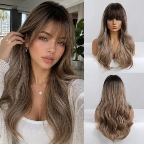 Esmee 24" Long Wavy Synthetic Dark Blonde Wig with Bangs | Natural Look & Heat-Resistant thumbnail 1