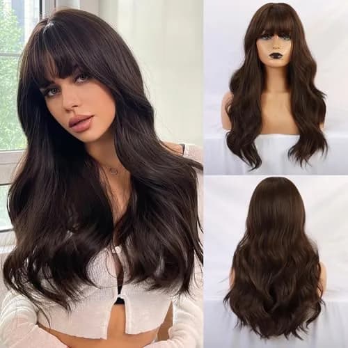 Esmee 24" Long Wavy Synthetic Dark Brown Wig with Bangs | Natural Look & Heat Resistant thumbnail 1