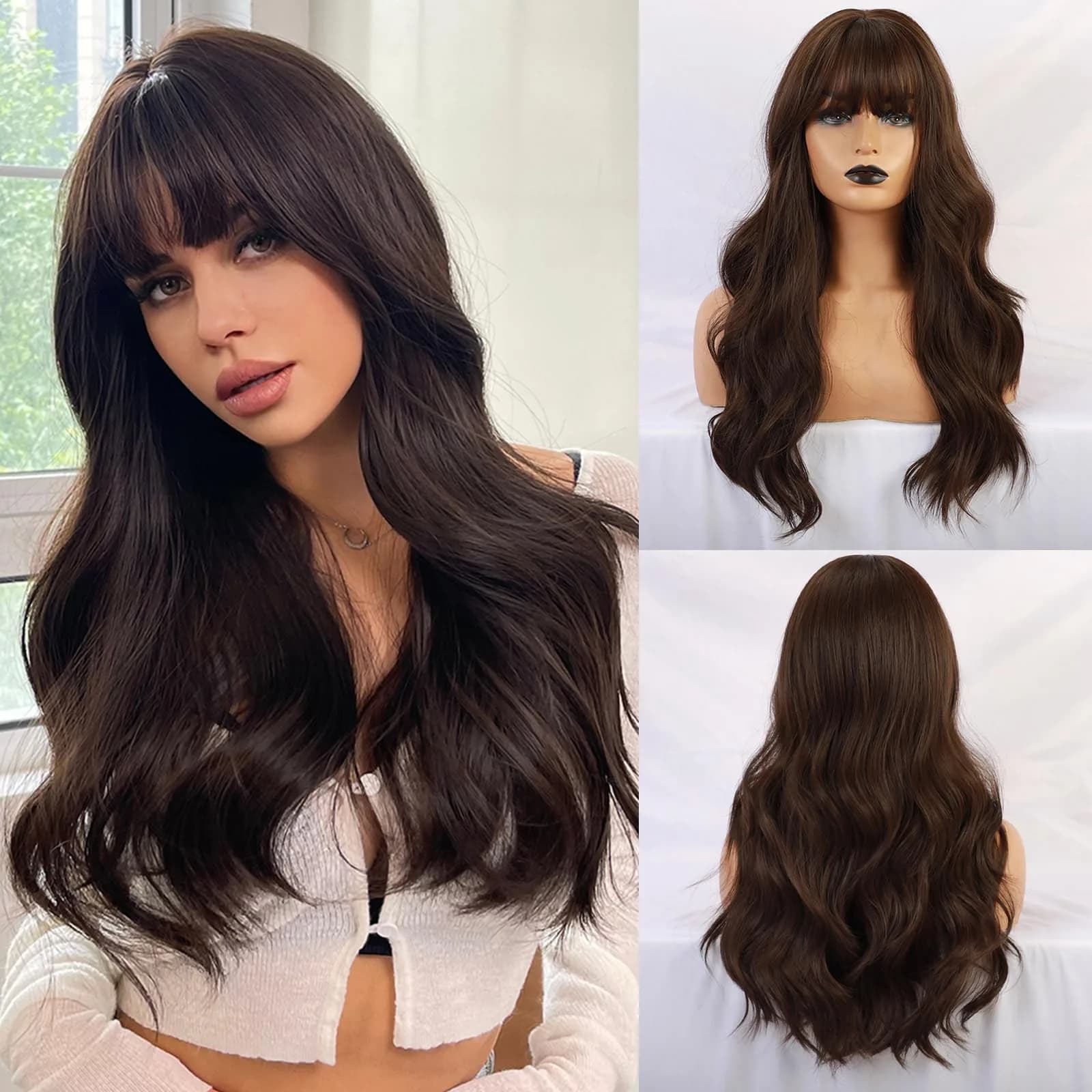 Esmee 24" Long Wavy Synthetic Dark Blonde Wig with Bangs | Natural Look & Heat-Resistant — Dark Brown