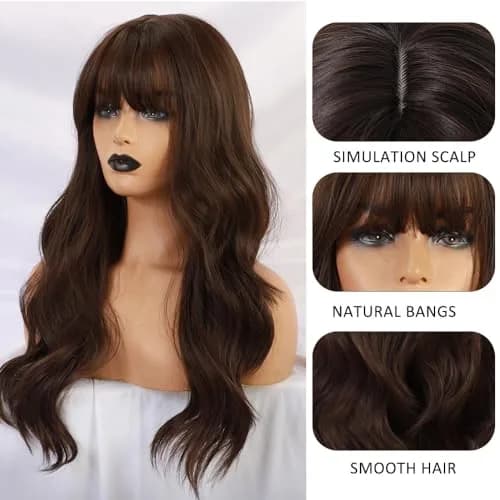 Esmee 24" Long Wavy Synthetic Dark Brown Wig with Bangs | Natural Look & Heat Resistant thumbnail 3