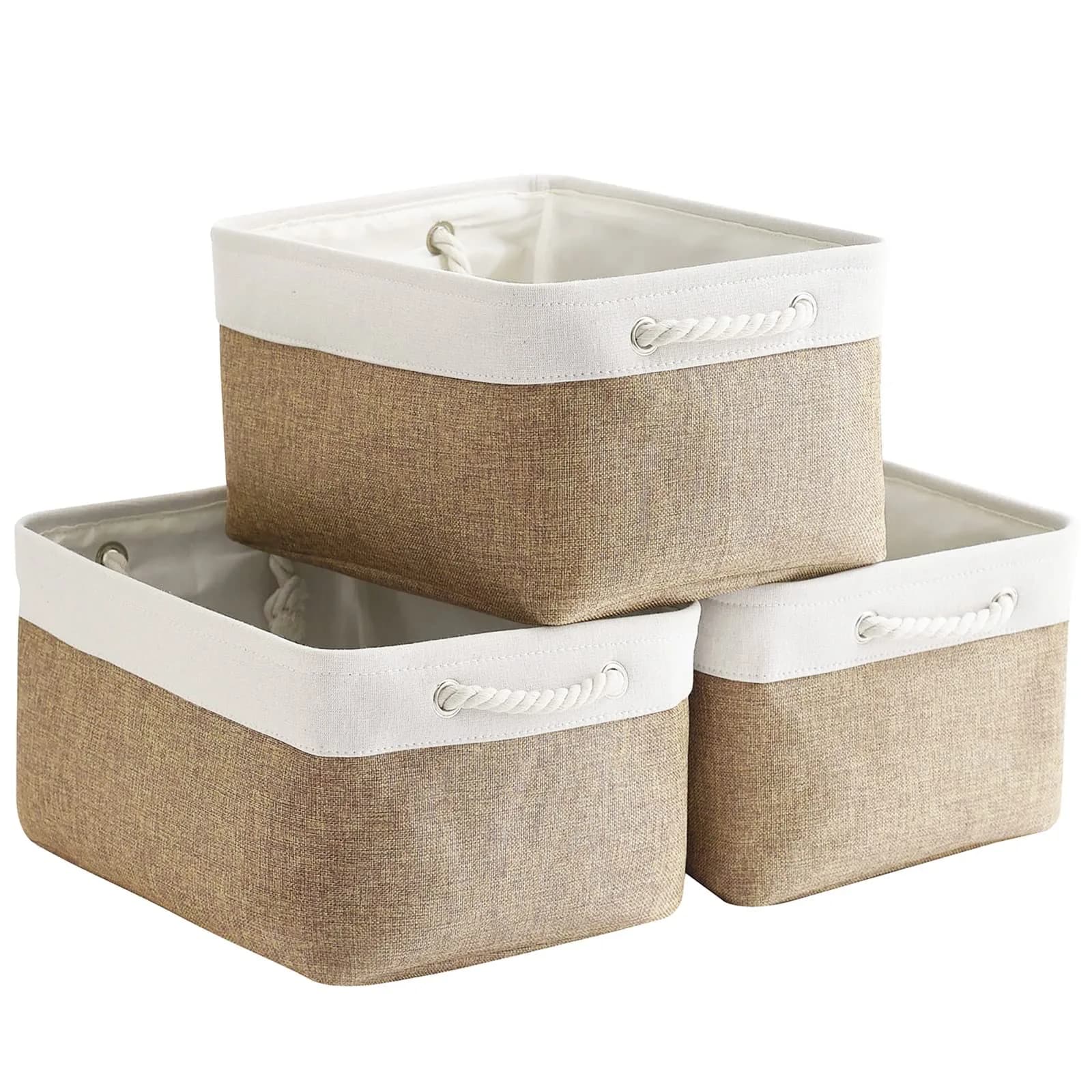 Sacyic Fabric Storage Baskets - Set of 3 Rectangular Bins with Drawstring Closure, 39.5cm (15.5in) L x 31cm (12.2in) W x 19.8cm (7.8in) H | Modern White & Khaki