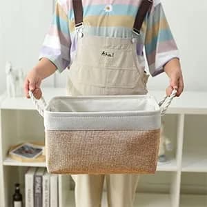 Sacyic Fabric Storage Baskets - Set of 3 Rectangular Bins with Drawstring Closure, 39.5cm (15.5in) L x 31cm (12.2in) W x 19.8cm (7.8in) H | Modern White & Khaki thumbnail 6