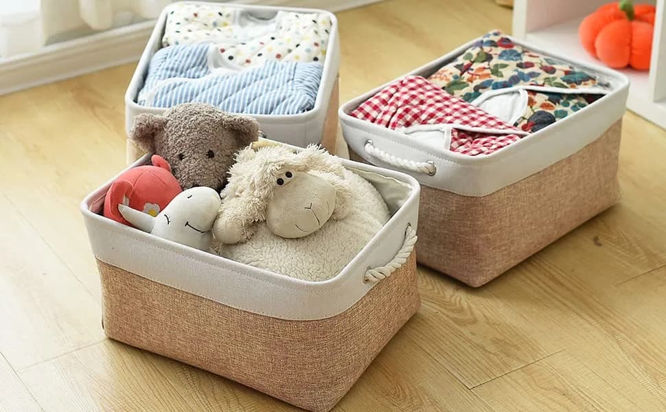 Sacyic Fabric Storage Baskets - Set of 3 Rectangular Bins with Drawstring Closure, 39.5cm (15.5in) L x 31cm (12.2in) W x 19.8cm (7.8in) H | Modern White & Khaki thumbnail 7