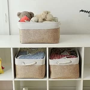 Sacyic Fabric Storage Baskets - Set of 3 Rectangular Bins with Drawstring Closure, 39.5cm (15.5in) L x 31cm (12.2in) W x 19.8cm (7.8in) H | Modern White & Khaki thumbnail 2