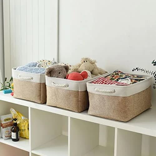 Sacyic Fabric Storage Baskets - Set of 3 Rectangular Bins with Drawstring Closure, 39.5cm (15.5in) L x 31cm (12.2in) W x 19.8cm (7.8in) H | Modern White & Khaki thumbnail 3