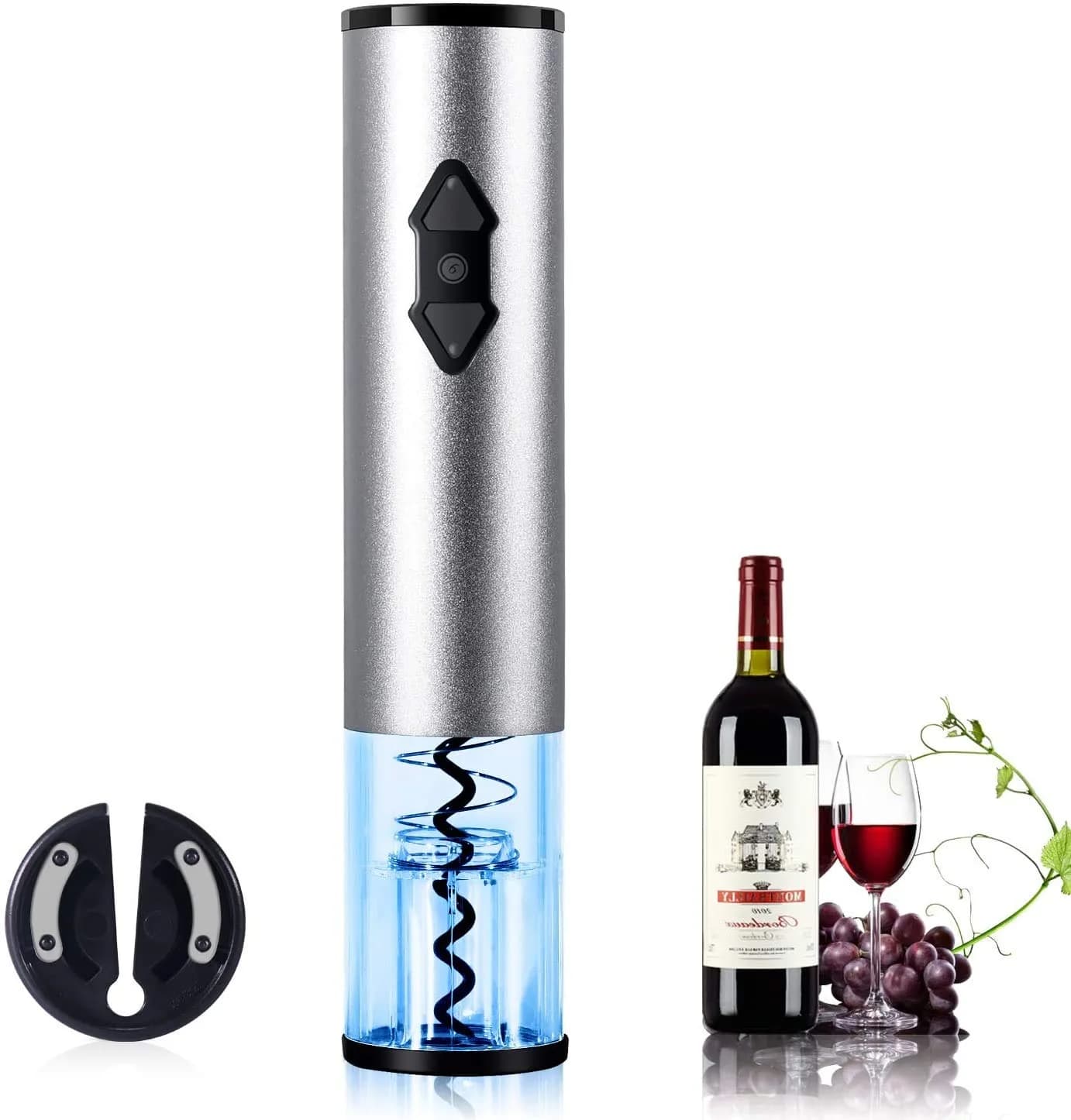 Kavydens Electric Wine Opener, Cordless Bottle Opener with Foil Cutter | Battery Operated, Stainless Steel, Blue LED Lights