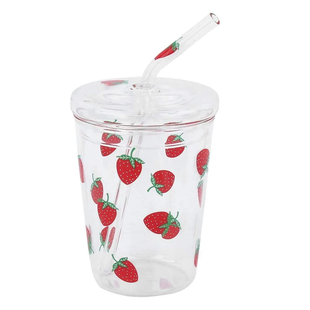 Ichiias Heat-Resisting Strawberry Pattern Glass Cup 300ml | Microwave Safe & Stylish