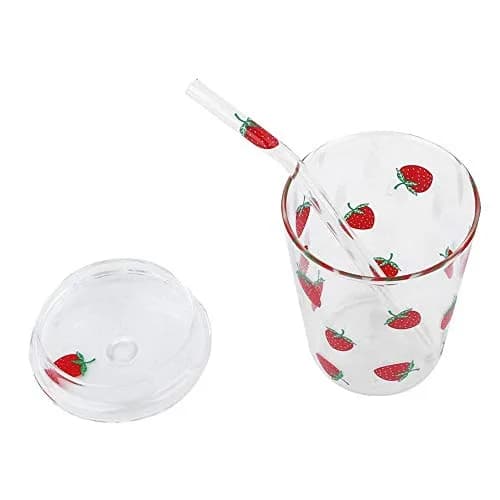 Ichiias Heat-Resisting Strawberry Pattern Glass Cup 300ml | Microwave Safe & Stylish thumbnail 2