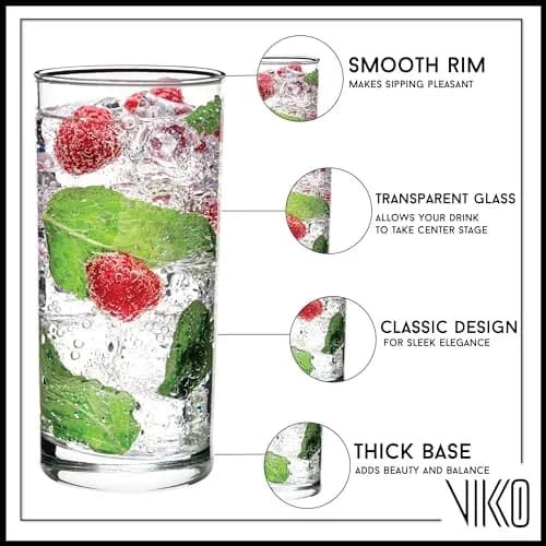 Vikko Classic Highball Drinking Glasses 10 oz | Heavy Base – Thick & Durable for Water, Juice, Soda, Cocktails thumbnail 1