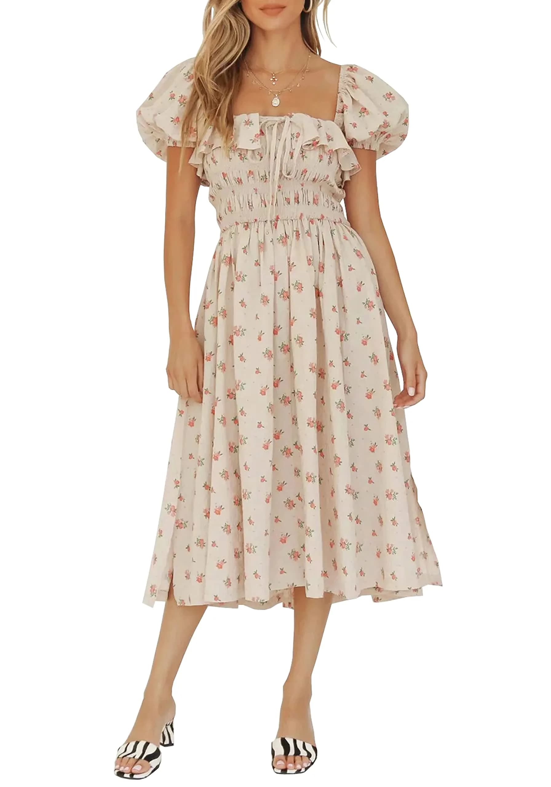 R.Vivimos Womens Summer Floral Print Midi Dress XL Beige | Vintage Puff Sleeves