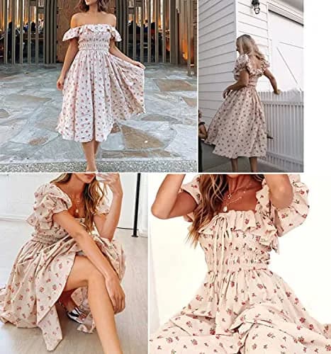 R.Vivimos Womens Summer Floral Print Midi Dress XL Beige | Vintage Puff Sleeves thumbnail 5