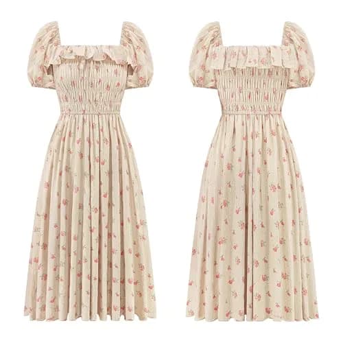 R.Vivimos Womens Summer Floral Print Midi Dress XL Beige | Vintage Puff Sleeves thumbnail 6