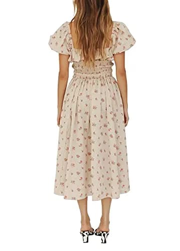 R.Vivimos Womens Summer Floral Print Midi Dress XL Beige | Vintage Puff Sleeves thumbnail 2