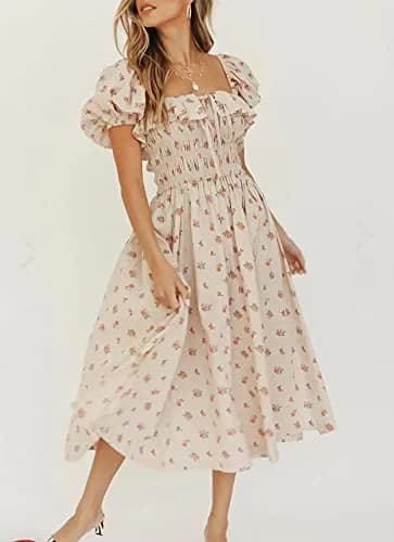 R.Vivimos Womens Summer Floral Print Midi Dress XL Beige | Vintage Puff Sleeves thumbnail 3