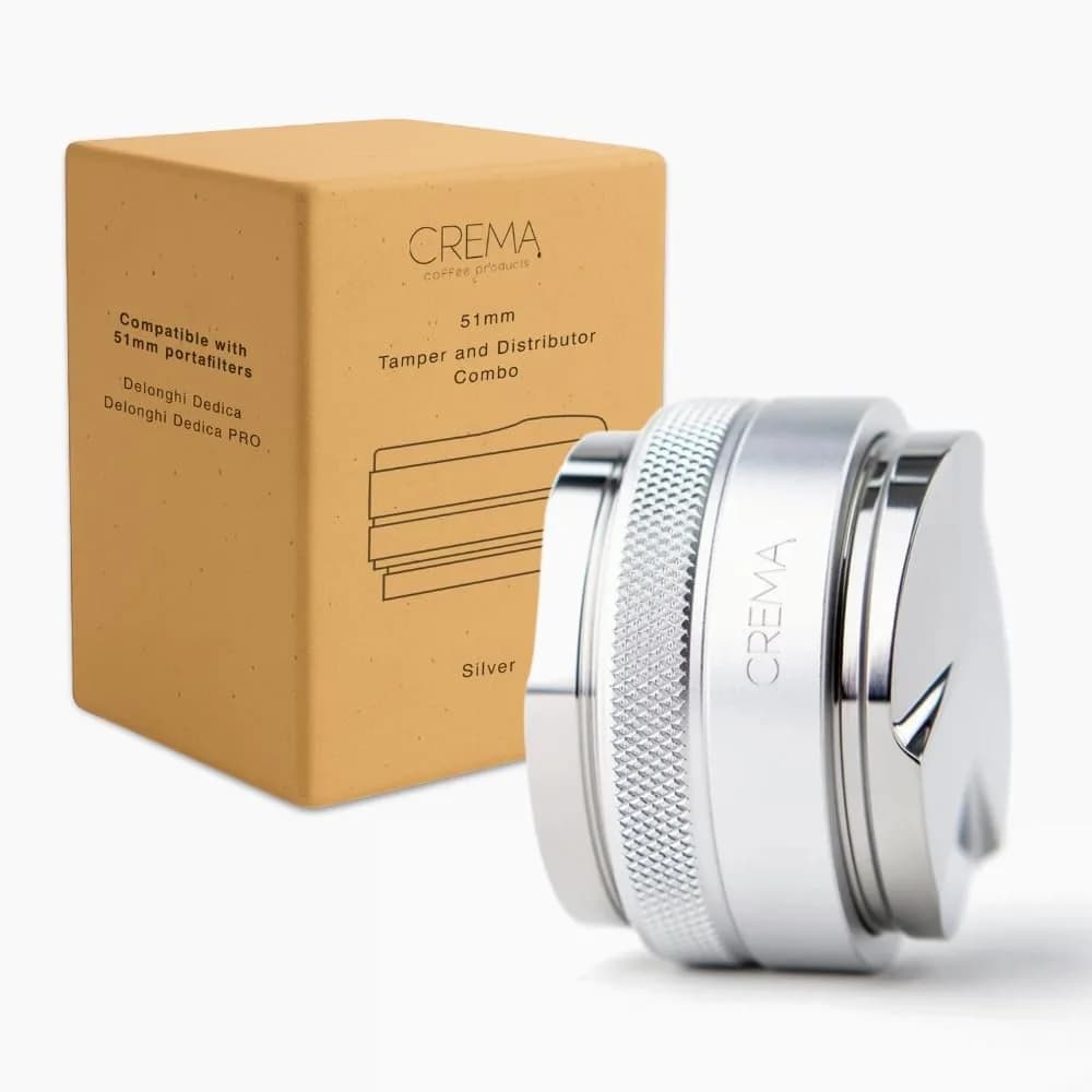 CREMA Coffee Products 51mm Hand Tamper & Coffee Distributor for Delonghi | Compatible w/any 51mm | Double-Sided, Adjustable Depth Tool | Durable 304 Stainless Steel | Silver — Silver