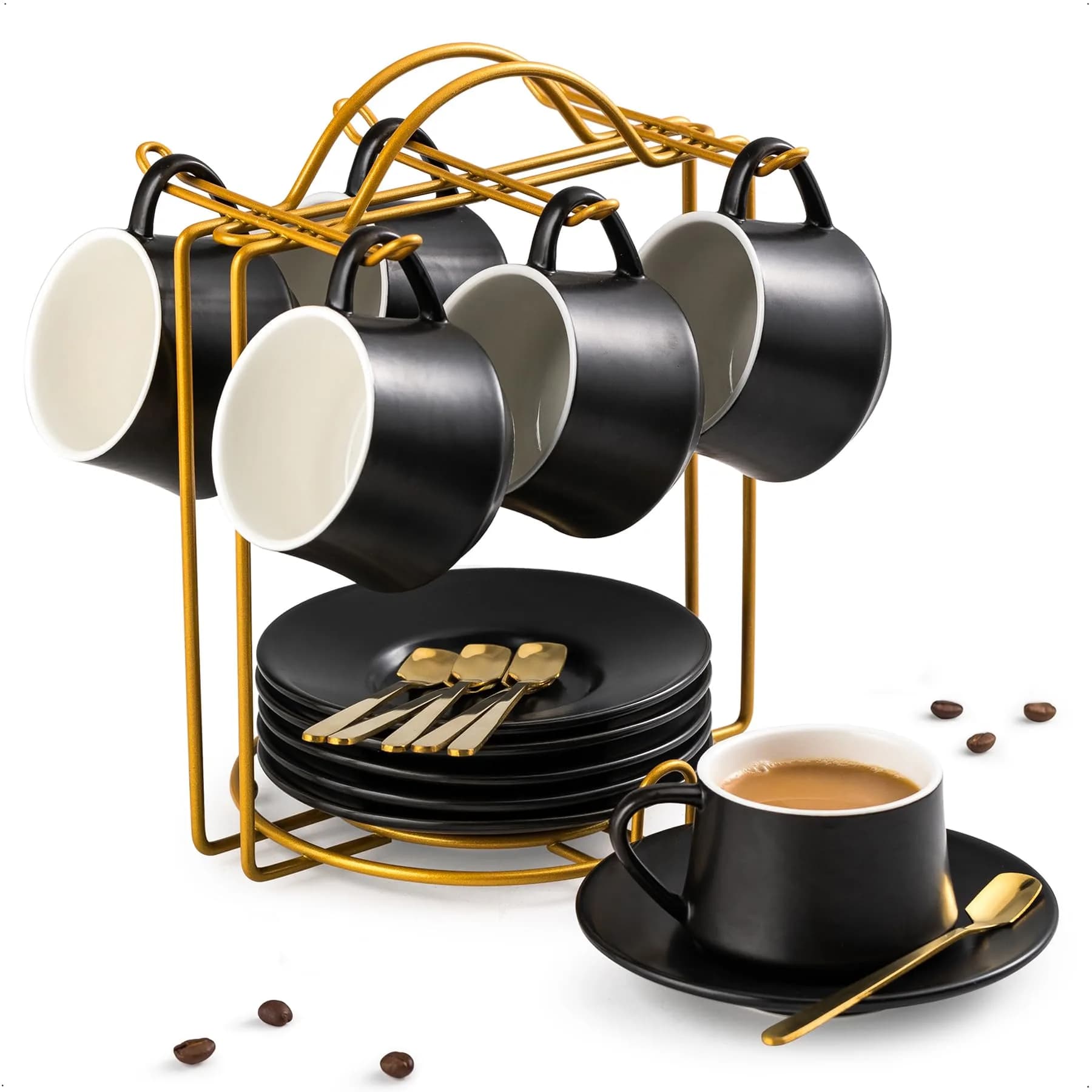 YHOSSEUN Black 4 oz Drinking Cup Set of 6 | Elegant Espresso & Coffee Cups with Stand — Black