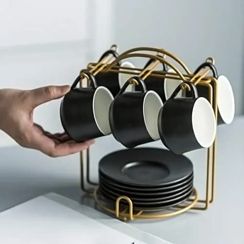YHOSSEUN Black 4 oz Drinking Cup Set of 6 | Elegant Espresso & Coffee Cups with Stand thumbnail 9