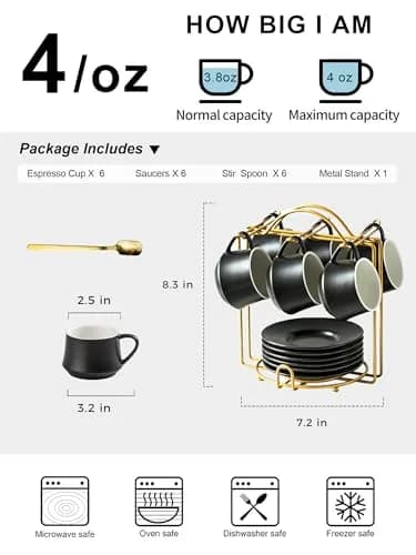 YHOSSEUN Black 4 oz Drinking Cup Set of 6 | Elegant Espresso & Coffee Cups with Stand thumbnail 2