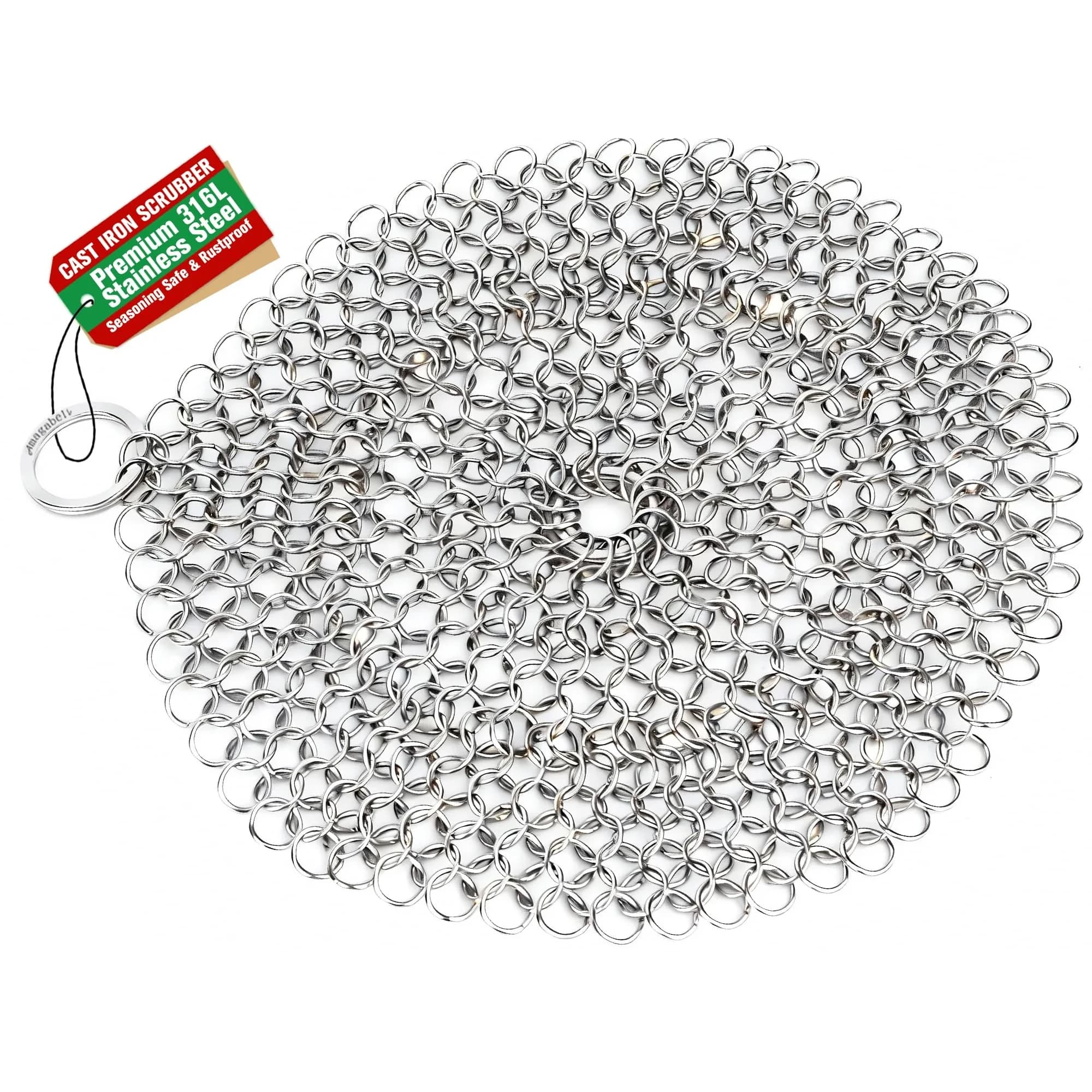 AMAGABELI GARDEN & HOME 8-inch Round Chainmail Scrubber | 316L Stainless Steel for Cast Iron Pans - main product image