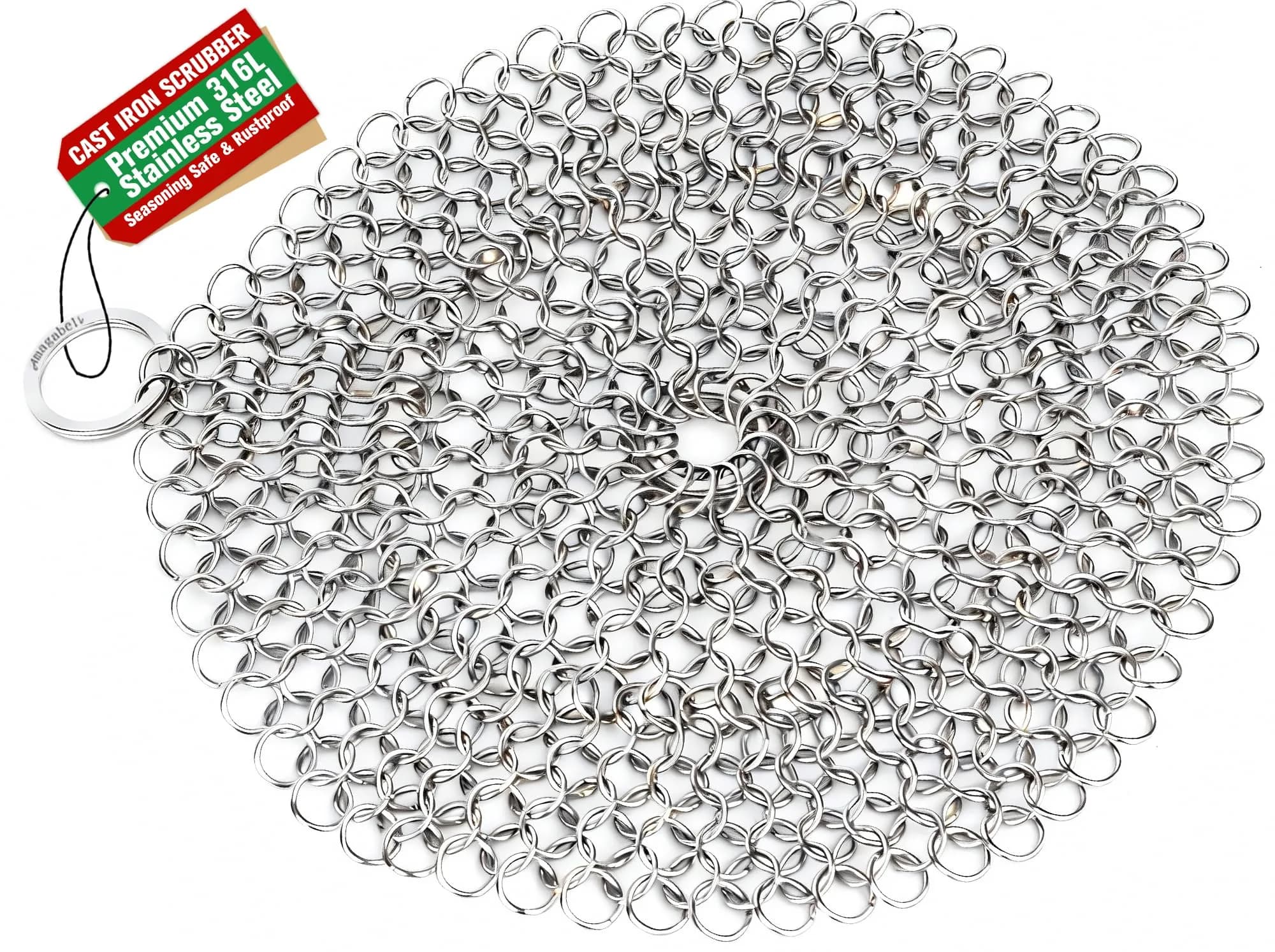 AMAGABELI GARDEN & HOME 8-inch Round Chainmail Scrubber | 316L Stainless Steel for Cast Iron Pans