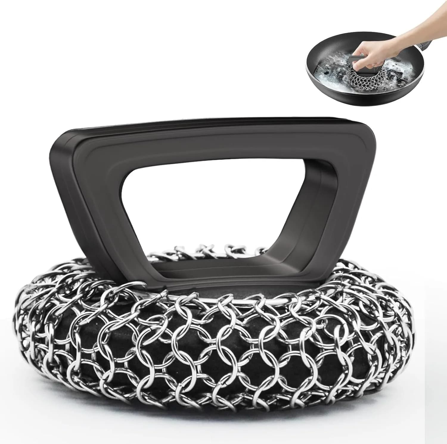 Amagabeli Cast Iron Cleaner with Handle Stainless Steel Chainmail Pan Scrubber 25cm x 25cm (10" x 10") | Machine Soldered for Durability
