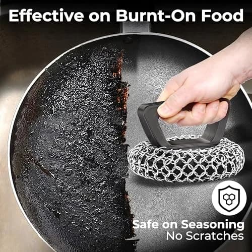 Amagabeli Cast Iron Cleaner with Handle Stainless Steel Chainmail Pan Scrubber 25cm x 25cm (10" x 10") | Machine Soldered for Durability thumbnail 4