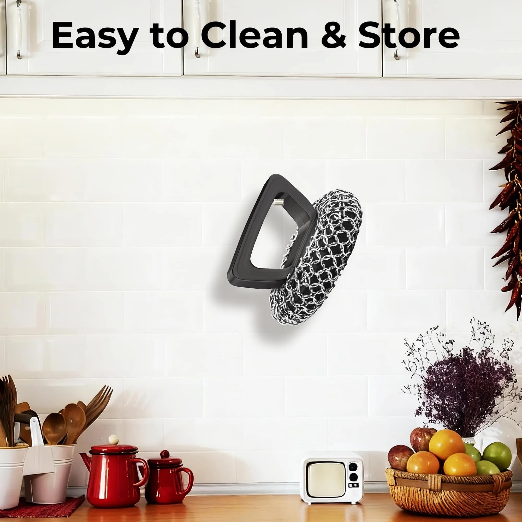 Amagabeli Cast Iron Cleaner with Handle Stainless Steel Chainmail Pan Scrubber 25cm x 25cm (10" x 10") | Machine Soldered for Durability - view 7