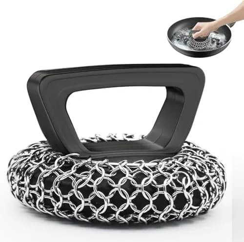Amagabeli Cast Iron Cleaner with Handle Stainless Steel Chainmail Pan Scrubber 25cm x 25cm (10" x 10") | Machine Soldered for Durability thumbnail 1