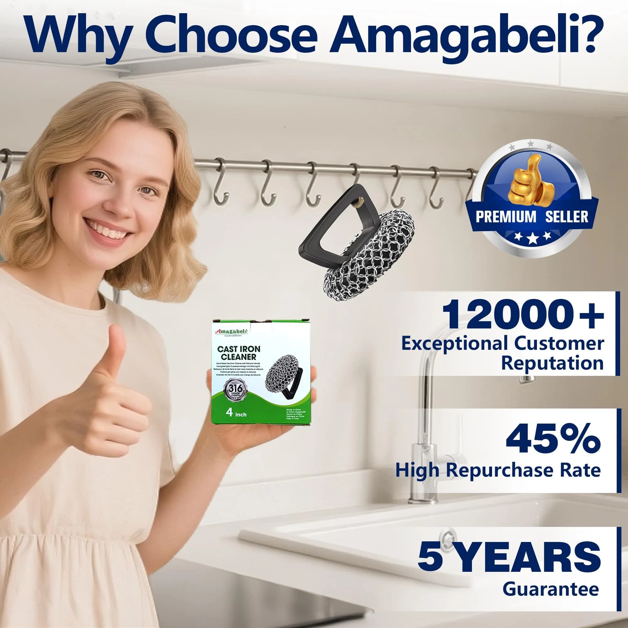 Amagabeli Cast Iron Cleaner with Handle Stainless Steel Chainmail Pan Scrubber 25cm x 25cm (10" x 10") | Machine Soldered for Durability - view 8