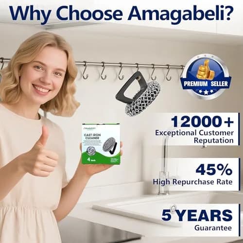 Amagabeli Cast Iron Cleaner with Handle Stainless Steel Chainmail Pan Scrubber 25cm x 25cm (10" x 10") | Machine Soldered for Durability thumbnail 8