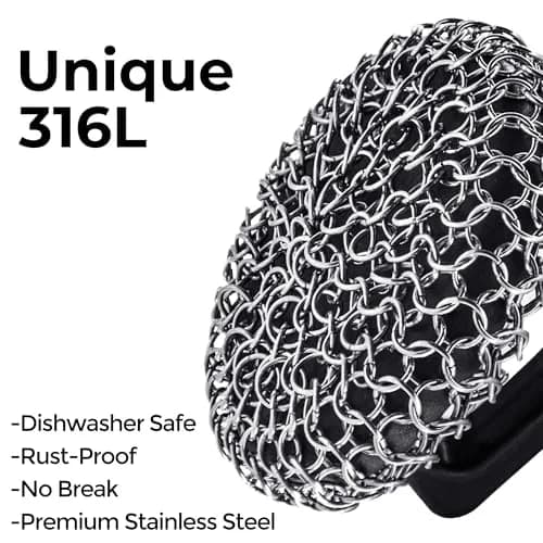 Amagabeli Cast Iron Cleaner with Handle Stainless Steel Chainmail Pan Scrubber 25cm x 25cm (10" x 10") | Machine Soldered for Durability thumbnail 2