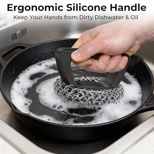 Amagabeli Cast Iron Cleaner with Handle Stainless Steel Chainmail Pan Scrubber 25cm x 25cm (10" x 10") | Machine Soldered for Durability thumbnail 3
