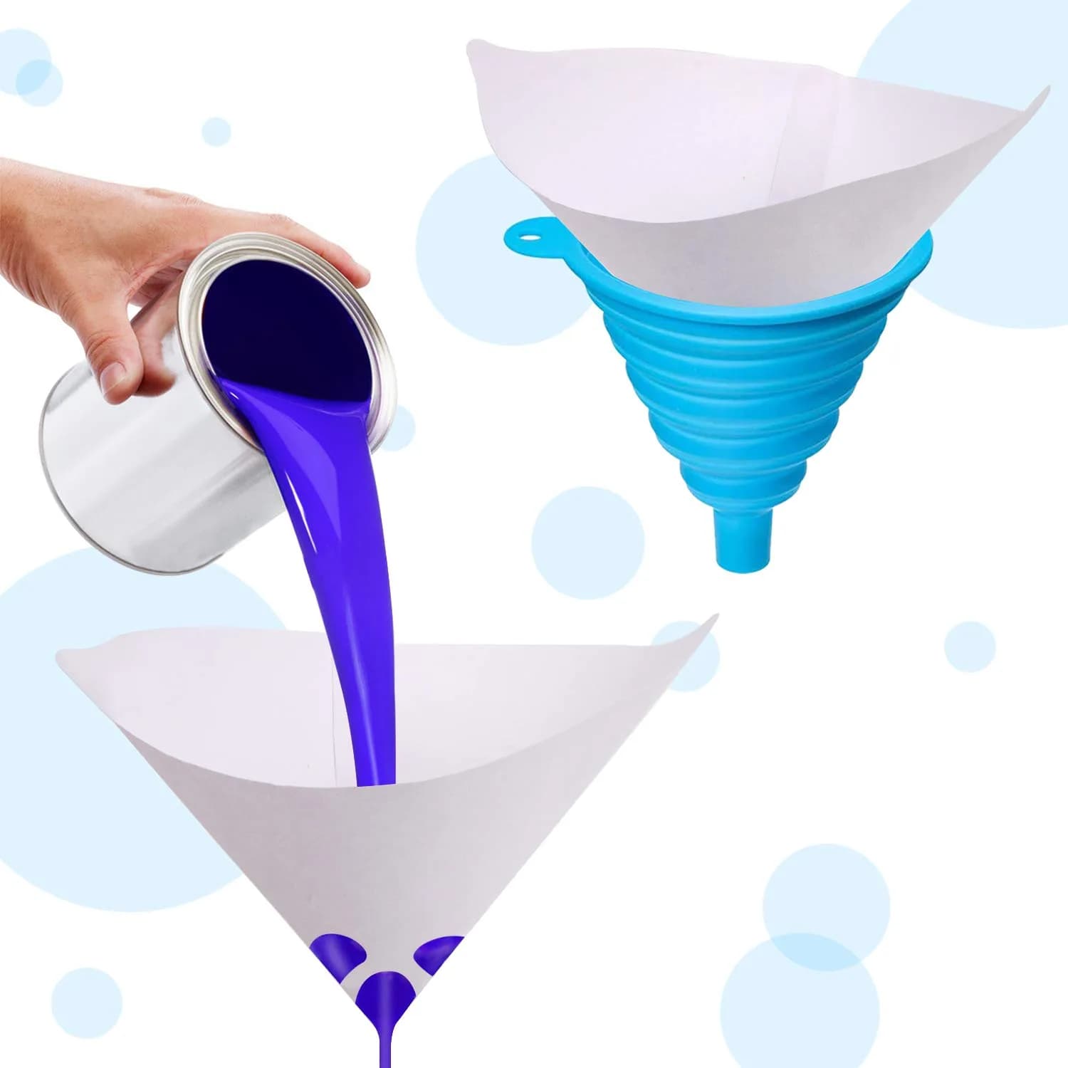 JANYUN 300 Pcs Paint Filter Strainer with Silicone Funnel | 149 Micron Nylon Mesh Cone for Automotive Spray Paint - view 5