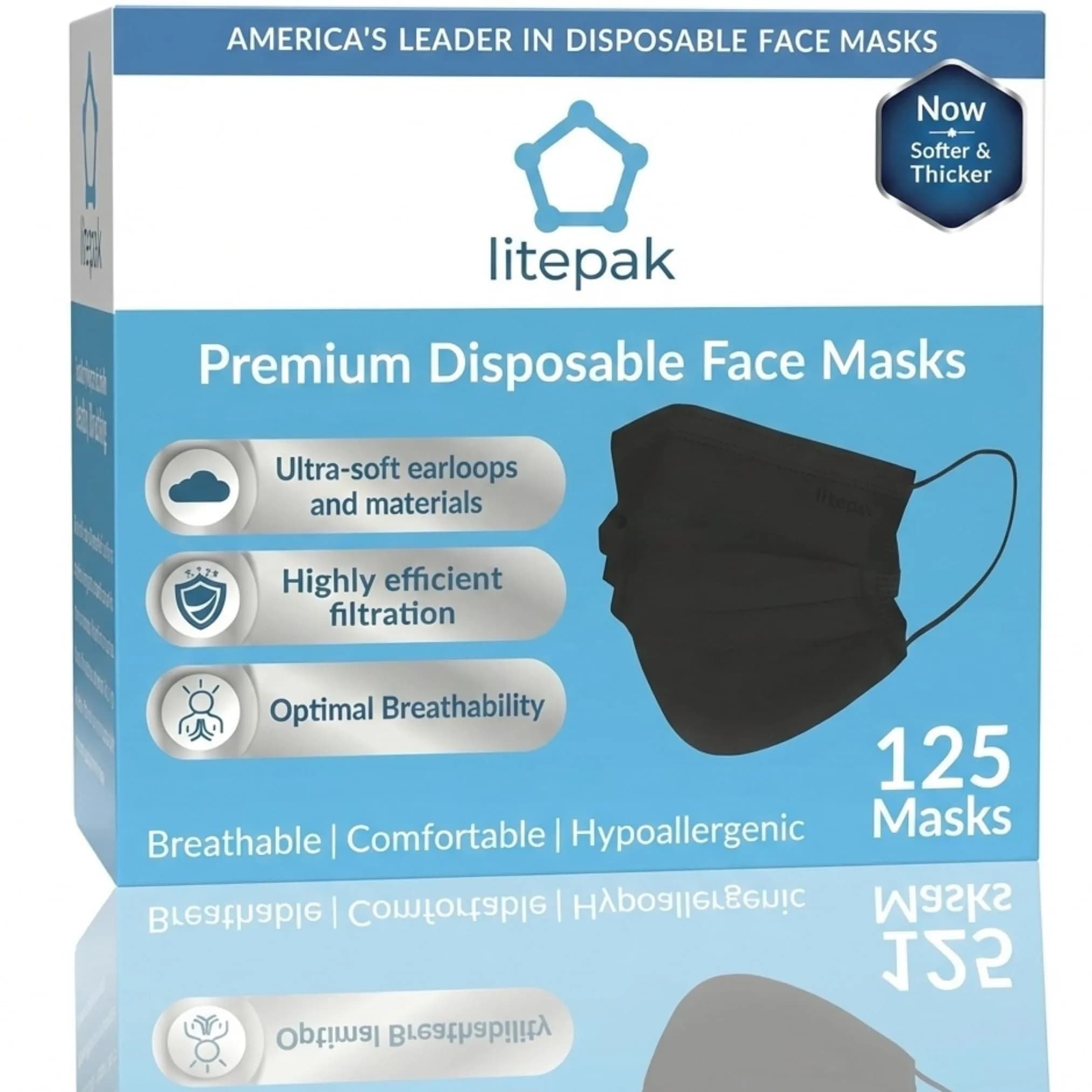 Litepak Disposable Face Mask 125-Pack Comfort Earloops with Dispenser Box (Black) | 3 Ply Adult Masks for Daily Use