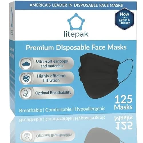 Litepak Disposable Face Mask 125-Pack Comfort Earloops with Dispenser Box (Black) | 3 Ply Adult Masks for Daily Use thumbnail 1