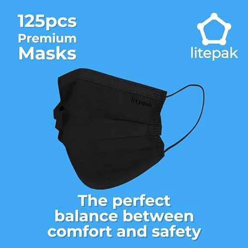 Litepak Disposable Face Mask 125-Pack Comfort Earloops with Dispenser Box (Black) | 3 Ply Adult Masks for Daily Use thumbnail 6
