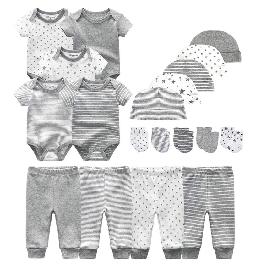Kiddiezoom Unisex Baby Layette Essentials Giftset 19-Piece | Soft Cotton, Perfect for Newborns — Gray Stripe & Little Stars & Print Set / 0-3 Months