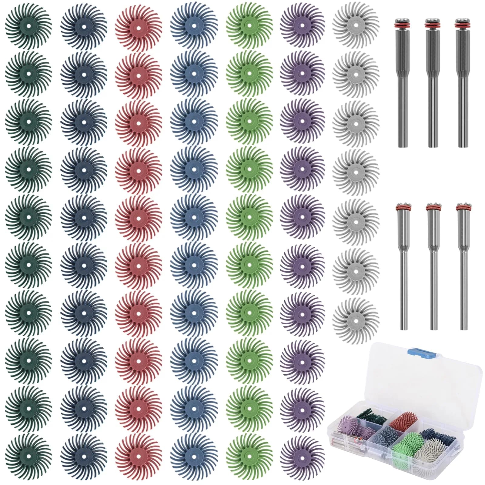 SI FANG 1 Inch Mini Radial Bristle Disc Polishing Bits Kit with 2.35mm/3mm Mandrels, 76 Pieces | For Metalworking, Jewelry, Wood Carving — Multicolored