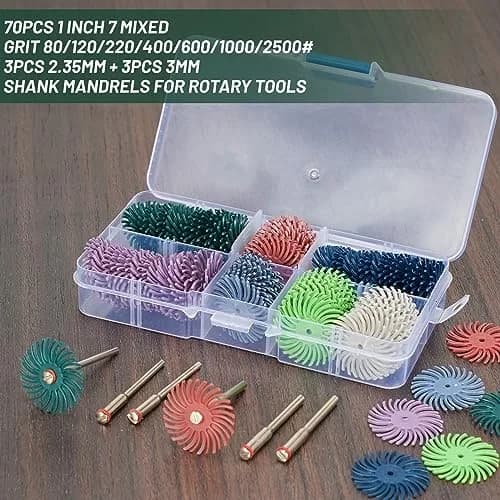 SI FANG 1 Inch Mini Radial Bristle Disc Polishing Bits Kit with 2.35mm/3mm Mandrels, 76 Pieces | For Metalworking, Jewelry, Wood Carving thumbnail 2